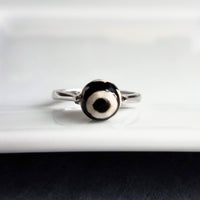 Evil Eye Ring, rhodium plated .925 sterling silver ring, black white gemstone ring, dzi agate ring, spinning spinner ring round stone fidgit - Constant Baubling