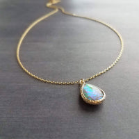 Opal Necklace, gold opal color pendant, opal teardrop pendant, opal tear drop necklace, opalescent pendant, birthstone necklace, jewelry - Constant Baubling