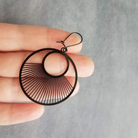 Large Black Earrings, large black circle earrings, matte black earrings, large earrings, spokes earring, sun ray earrings lightweight kidney - Constant Baubling