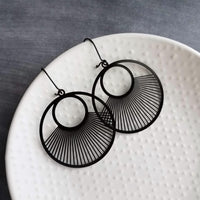 Large Black Earrings, large black circle earrings, matte black earrings, large earrings, spokes earring, sun ray earrings lightweight kidney - Constant Baubling