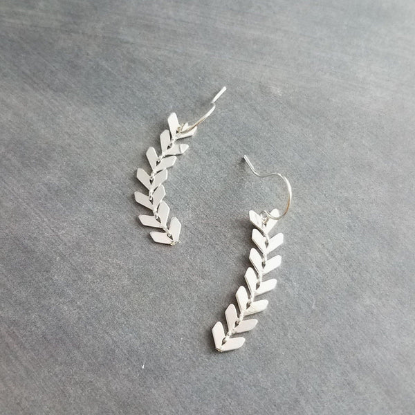 Long Silver Earrings, v shaped earrings, silver arrow earrings, chevron earrings, herringbone earrings, flexible earrings fish bone earrings - Constant Baubling