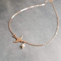 Little Rose Gold Bird Necklace, thin rose gold chain, cream rose pearl, rose gold necklace, flying bird necklace, small sparrow necklace - Constant Baubling