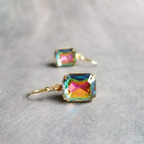 Swarovski Crystal Rectangle Earrings, large crystal earring, rainbow crystal, 1 in jewel tone gold crystal earring vitrail drop octagon cube - Constant Baubling