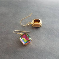 Swarovski Crystal Rectangle Earrings, large crystal earring, rainbow crystal, 1 in jewel tone gold crystal earring vitrail drop octagon cube - Constant Baubling