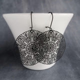 Large Black Filigree Earrings, round black earrings, thin earrings, cut out earrings, big earrings, floral earrings lightweight kidney - Constant Baubling