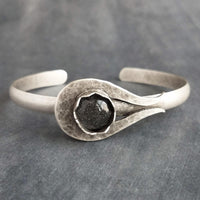 Silver Cuff Bracelet, grey glass stone center bracelet, heavy cuff, oxidized silver, antique silver chunky bracelet, gray sparkle glitter - Constant Baubling