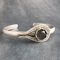 Silver Cuff Bracelet, grey glass stone center bracelet, heavy cuff, oxidized silver, antique silver chunky bracelet, gray sparkle glitter - Constant Baubling