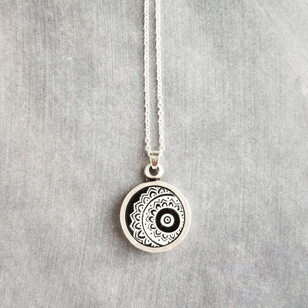 Mandala Necklace, black white pendant necklace, yoga pendant, silver mandala necklace, silver chain round pendant necklace filigree necklace - Constant Baubling