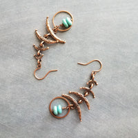 Copper Boho Earrings, antique copper earrings, long copper earrings, hammered copper earrings, turquoise stone dangle, aged rust Bohemian - Constant Baubling