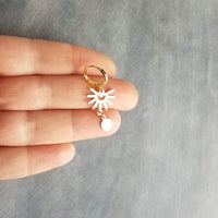 Small Gold Sun Earrings, gold huggie hoops, sun ray earring, sunshine earring, little earring, sunny day earring, gold tag dangle lever back - Constant Baubling