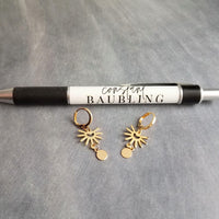 Small Gold Sun Earrings, gold huggie hoops, sun ray earring, sunshine earring, little earring, sunny day earring, gold tag dangle lever back - Constant Baubling