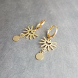 Small Gold Sun Earrings, gold huggie hoops, sun ray earring, sunshine earring, little earring, sunny day earring, gold tag dangle lever back - Constant Baubling