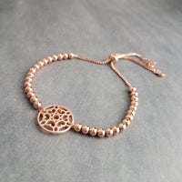 Beaded Rose Gold Bracelet, heart medallion, bead bracelet, adjustable chain bracelet, rose gold mandala, mandala bracelet, rose gold heart - Constant Baubling