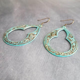 Art Deco Earrings, large teardrop earrings, verdigris patina earrings, blue green earrings, ornate earrings, verdigris earring, aqua patina - Constant Baubling