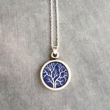 Bare Tree Necklace, navy blue white necklace, tree pendant, silver tree necklace, silver chain, round pendant necklace, autumn midnight tree - Constant Baubling