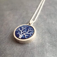Bare Tree Necklace, navy blue white necklace, tree pendant, silver tree necklace, silver chain, round pendant necklace, autumn midnight tree - Constant Baubling