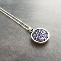 Bare Tree Necklace, navy blue white necklace, tree pendant, silver tree necklace, silver chain, round pendant necklace, autumn midnight tree - Constant Baubling