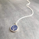 Bare Tree Necklace, navy blue white necklace, tree pendant, silver tree necklace, silver chain, round pendant necklace, autumn midnight tree - Constant Baubling