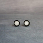 White Black Stud Earrings, milky white stud earrings, milky white earrings, matte black earring, iridescent white, opal white round sparkle - Constant Baubling