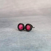 Hot Pink Black Stud Earrings, black fuchsia stud earring, hot pink earrings, matte black earring, fuchsia earrings, bright round sparkle - Constant Baubling