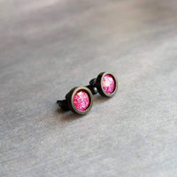 Hot Pink Black Stud Earrings, black fuchsia stud earring, hot pink earrings, matte black earring, fuchsia earrings, bright round sparkle - Constant Baubling