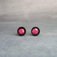 Hot Pink Black Stud Earrings, black fuchsia stud earring, hot pink earrings, matte black earring, fuchsia earrings, bright round sparkle - Constant Baubling