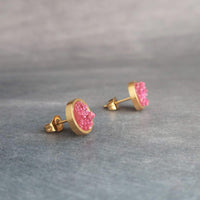 Hot Pink Gold Earrings, gold stud earrings, small round studs, fuchsia studs, fuchsia earrings, druzy studs, rough jagged stone pink studs - Constant Baubling
