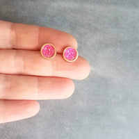 Hot Pink Gold Earrings, gold stud earrings, small round studs, fuchsia studs, fuchsia earrings, druzy studs, rough jagged stone pink studs - Constant Baubling