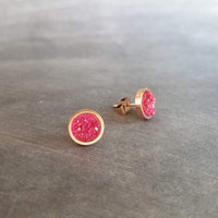 Hot Pink Gold Earrings, gold stud earrings, small round studs, fuchsia studs, fuchsia earrings, druzy studs, rough jagged stone pink studs - Constant Baubling