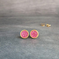 Hot Pink Gold Earrings, gold stud earrings, small round studs, fuchsia studs, fuchsia earrings, druzy studs, rough jagged stone pink studs - Constant Baubling