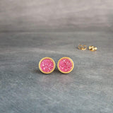 Hot Pink Gold Earrings, gold stud earrings, small round studs, fuchsia studs, fuchsia earrings, druzy studs, rough jagged stone pink studs - Constant Baubling