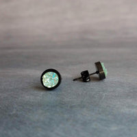 Ice Mint Blue Black Stud Earrings, ice blue earring, Alice blue earrings, matte black earring, small druzy earrings, jagged round stone pale - Constant Baubling