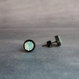 Ice Mint Blue Black Stud Earrings, ice blue earring, Alice blue earrings, matte black earring, small druzy earrings, jagged round stone pale - Constant Baubling