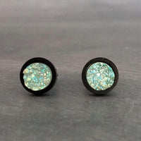 Ice Mint Blue Black Stud Earrings, ice blue earring, Alice blue earrings, matte black earring, small druzy earrings, jagged round stone pale - Constant Baubling