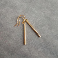 Short Gold Bar Earrings, gold line earrings, gold stick earrings, tube earring small thin gold earrings straight line skinny cylinder - Constant Baubling