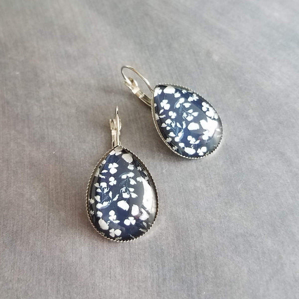 Navy White Flower Earrings, silver floral earrings, statement earrings navy blue earrings lever back earrings hypoallergenic stainless steel - Constant Baubling