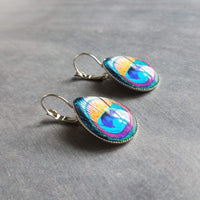 Peacock Earrings, feather earrings, silver earrings, statement earrings bright color teal lever back earrings hypoallergenic stainless steel - Constant Baubling