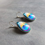 Peacock Earrings, feather earrings, silver earrings, statement earrings bright color teal lever back earrings hypoallergenic stainless steel - Constant Baubling