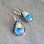 Peacock Earrings, feather earrings, silver earrings, statement earrings bright color teal lever back earrings hypoallergenic stainless steel - Constant Baubling