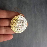 Gold Dreamcatcher Earrings, gold spiderweb earrings, spider web earring, dream catcher earring, gold filigree earrings, intricate cut out - Constant Baubling