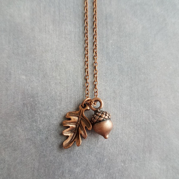 Autumn Copper Necklace, oak leaf pendant, small acorn pendant, oak tree necklace, copper acorn antique copper necklace fall jewelry oxidized - Constant Baubling