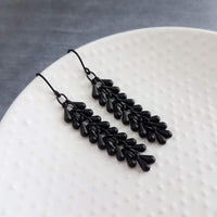 Black Teardrop Earrings, matte black earrings, cluster tear drop earrings, long black dangles, teardrop cascade, black fringe earring tassel - Constant Baubling
