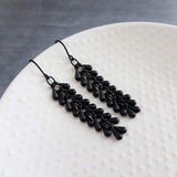 Black Teardrop Earrings, matte black earrings, cluster tear drop earrings, long black dangles, teardrop cascade, black fringe earring tassel - Constant Baubling
