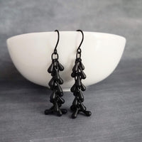 Black Teardrop Earrings, matte black earrings, cluster tear drop earrings, long black dangles, teardrop cascade, black fringe earring tassel - Constant Baubling