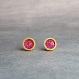 Hot Pink Gold Stud Earrings, gold fuchsia stud earring, hot pink earrings, little gold earring, fuchsia earring pink glitter stainless steel - Constant Baubling
