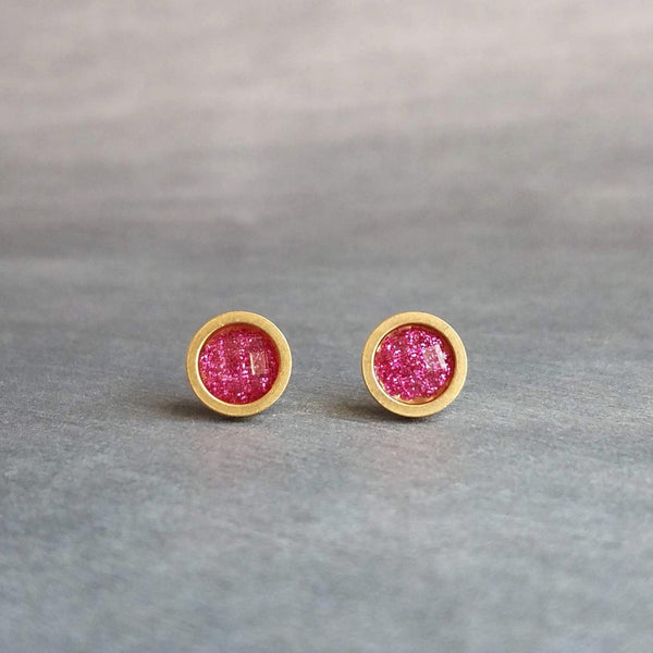 Hot Pink Gold Stud Earrings, gold fuchsia stud earring, hot pink earrings, little gold earring, fuchsia earring pink glitter stainless steel - Constant Baubling