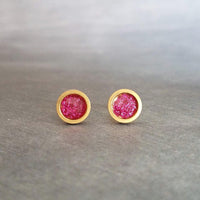 Hot Pink Gold Stud Earrings, gold fuchsia stud earring, hot pink earrings, little gold earring, fuchsia earring pink glitter stainless steel - Constant Baubling