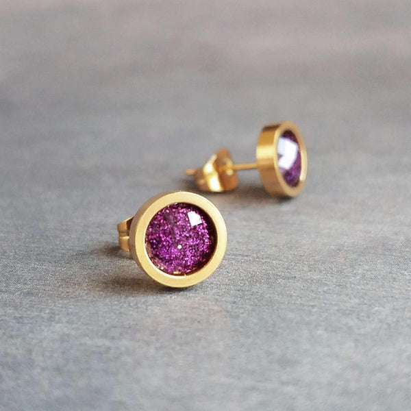 Purple Rose Gold Stud Earrings, purple fuchsia stud earring, purple earrings, little rose gold earring, purple stud, glitter stainless steel - Constant Baubling