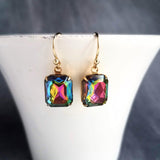 Swarovski Crystal Rectangle Earrings, large crystal earring, rainbow crystal, 1 in jewel tone gold crystal earring vitrail drop octagon cube - Constant Baubling