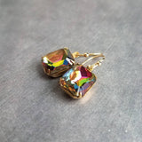 Swarovski Crystal Rectangle Earrings, large crystal earring, rainbow crystal, 1 in jewel tone gold crystal earring vitrail drop octagon cube - Constant Baubling